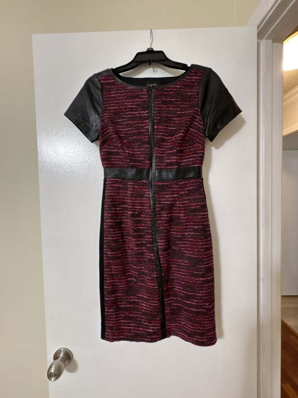 Laundry by Shelli Segal Multi-Color Tweed Sheath Dress with Faux Leather Sleeves